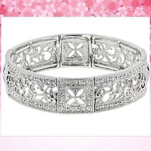 1928 Jewelry White Crystal Silver Tone Fancy Stretch Bracelet